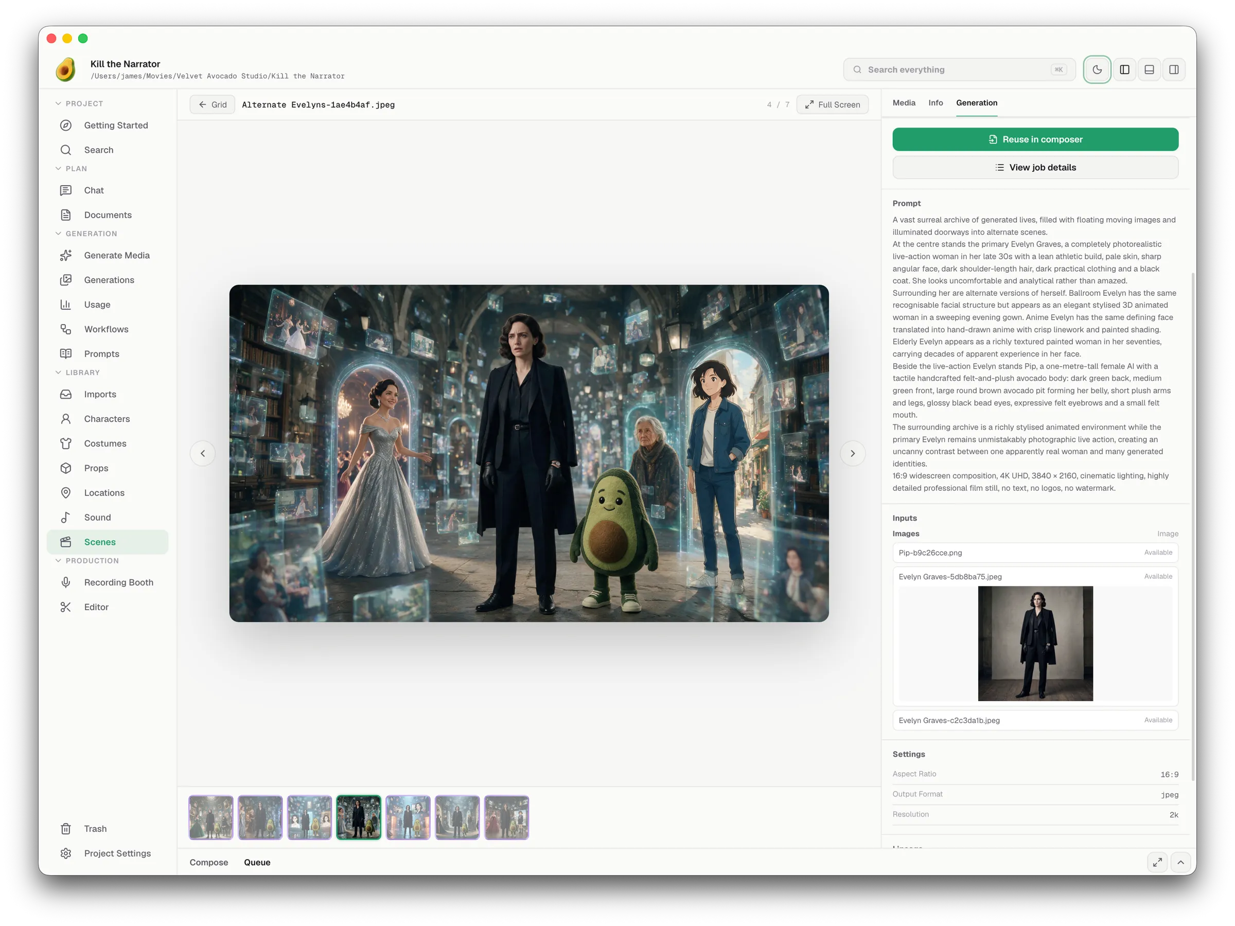 Velvet Avocado’s Generation panel beside an Evelyn scene, showing the prompt, reference images, settings, and Reuse in composer control.